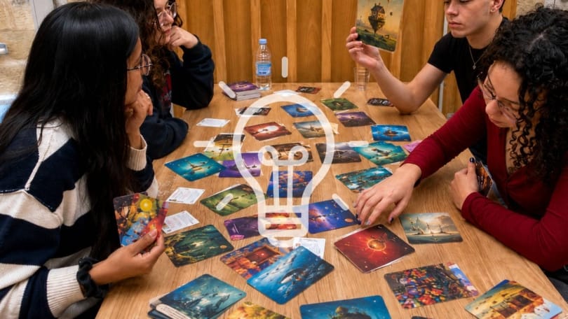 Friends interpreting illustrated board game cards during a creative group game