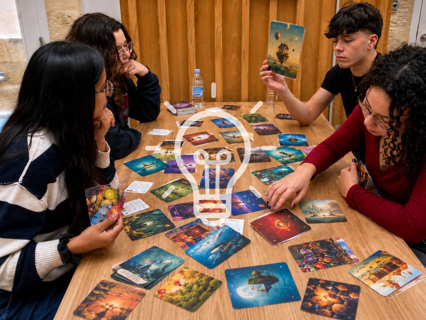 Friends interpreting illustrated board game cards during a creative group game