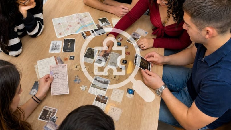 Young people studying clues together while solving a mystery board game