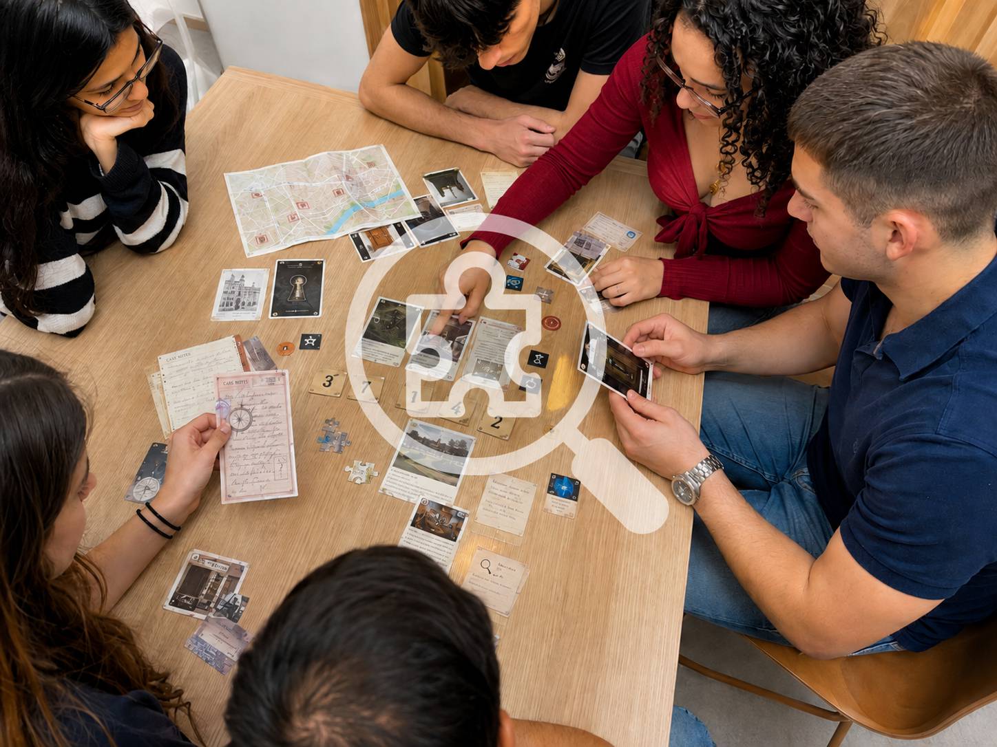 Young people studying clues together while solving a mystery board game