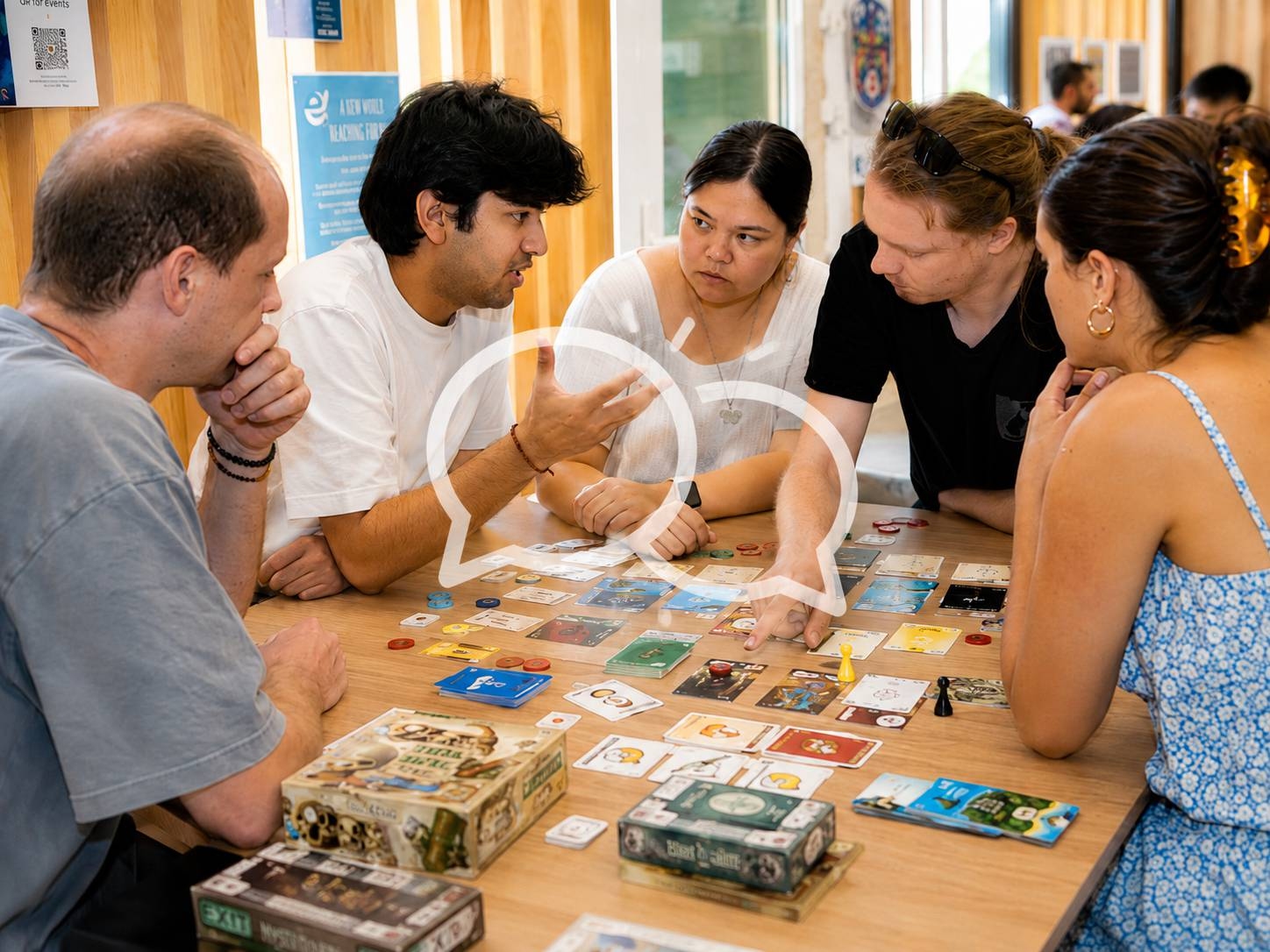 Young people discussing clues together while playing a team board game around a table