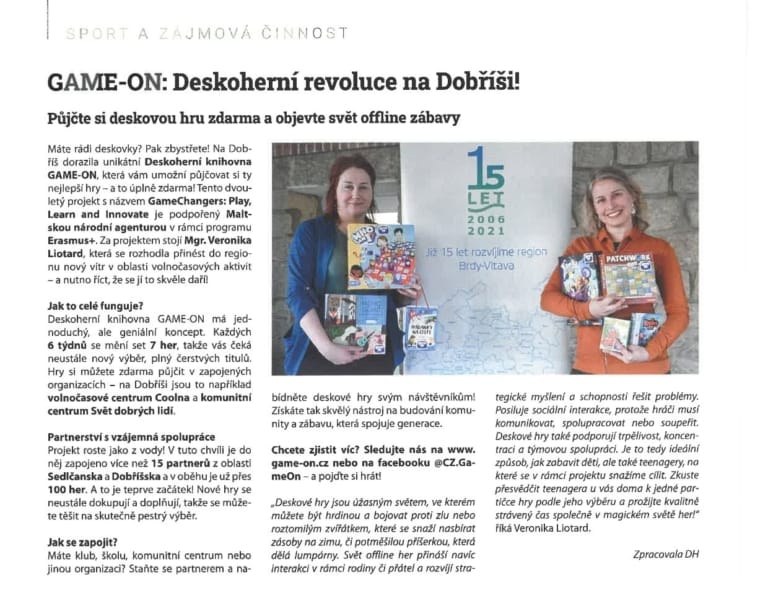 Czech media feature about the GAME-ON Board Games Library in Dobříš, showing project representatives holding board games.
