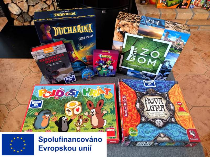 Selection of colourful family, word and educational games from the GameON Czechia Board Games Library.