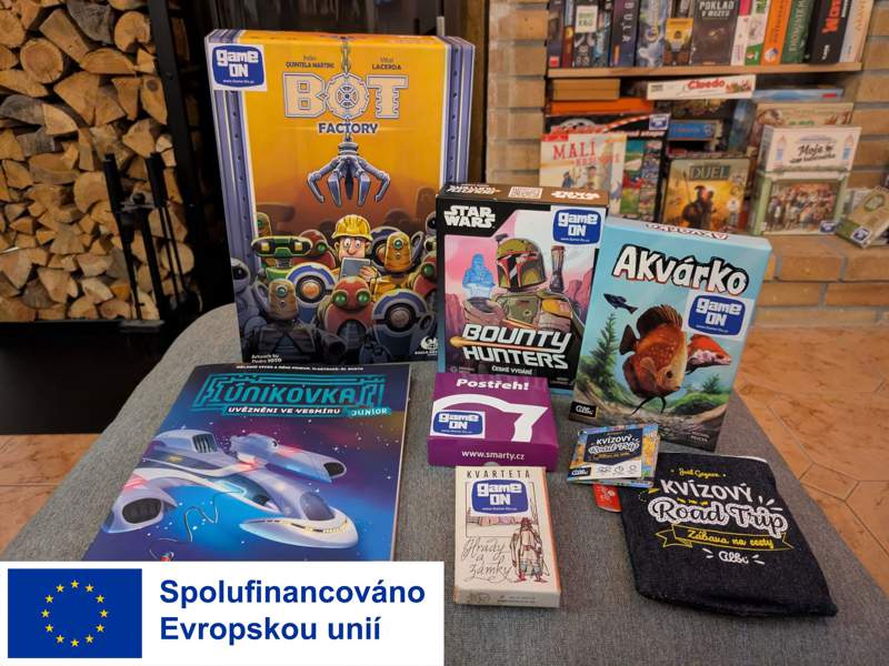 Mixed board game set from the GameON Czechia library, prepared for circulation in local communities.