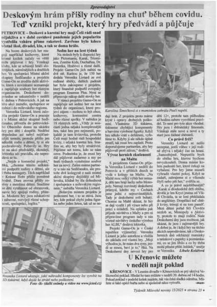 Local newspaper coverage of a Game On board game activity in Petrovice, Czechia, with children and families playing games.